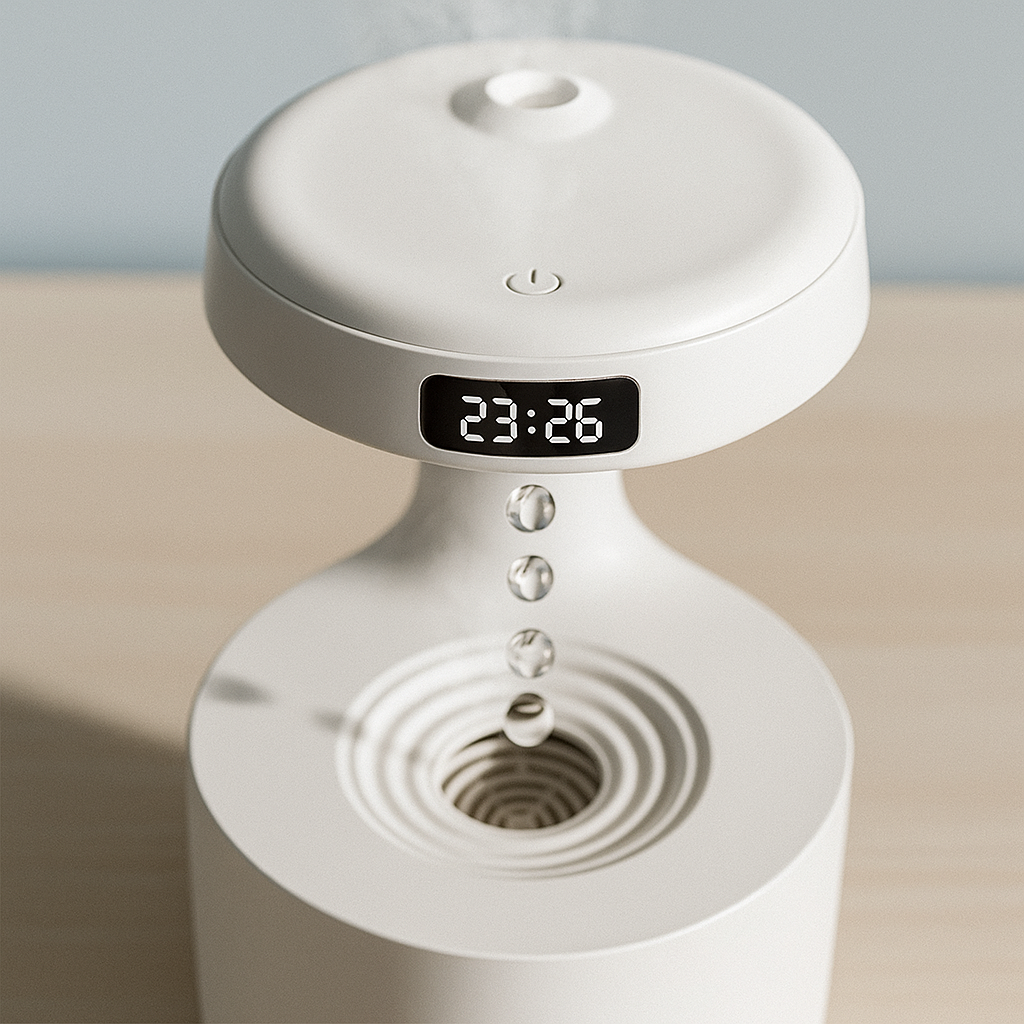 Lunaris™ – Antygrawitacyjny Nawilżacz Powietrza z Efektem Kropli, Cichą Mgiełką i Lampką Nocną LED