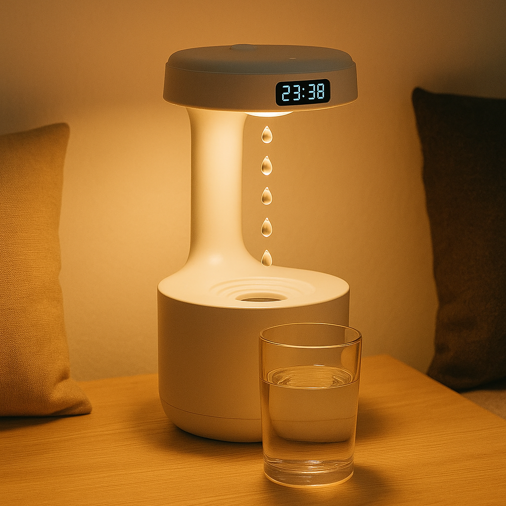 Lunaris™ – Antygrawitacyjny Nawilżacz Powietrza z Efektem Kropli, Cichą Mgiełką i Lampką Nocną LED