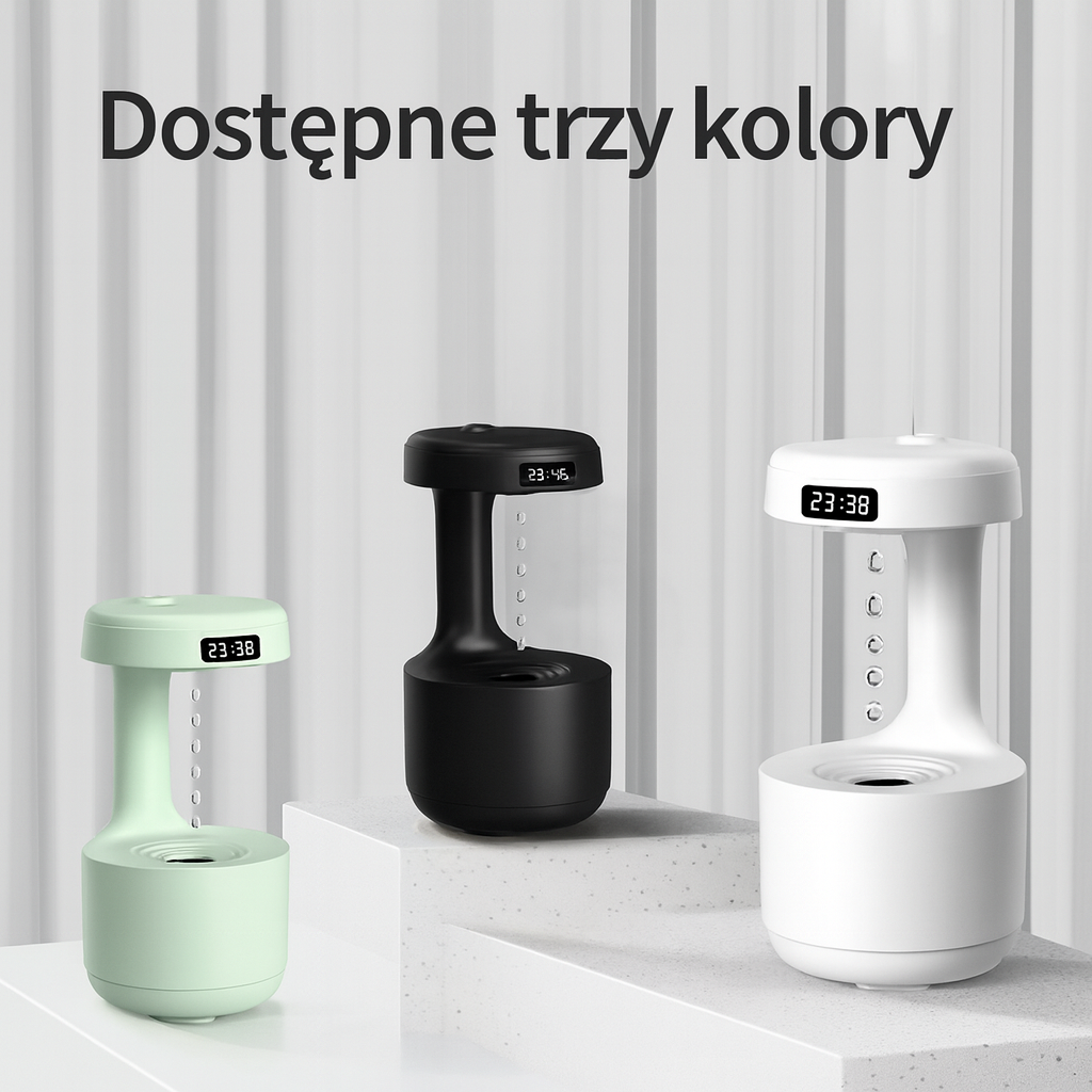 Lunaris™ – Antygrawitacyjny Nawilżacz Powietrza z Efektem Kropli, Cichą Mgiełką i Lampką Nocną LED