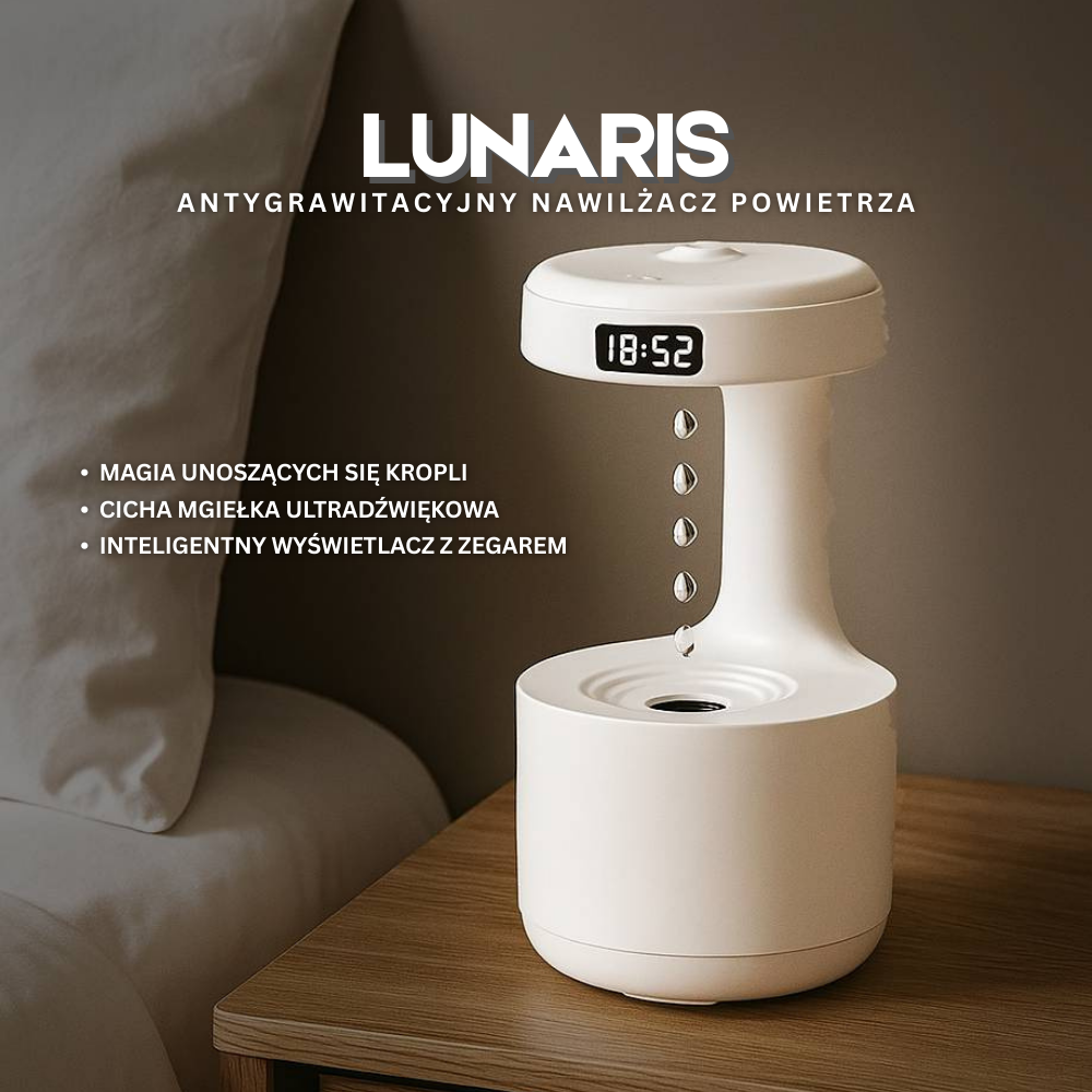 Lunaris™ – Antygrawitacyjny Nawilżacz Powietrza z Efektem Kropli, Cichą Mgiełką i Lampką Nocną LED